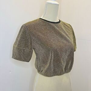 Forever 21 Gold Shimmer Puff Sleeve Crop Top Dress Shirt Size S Sparkle Glam